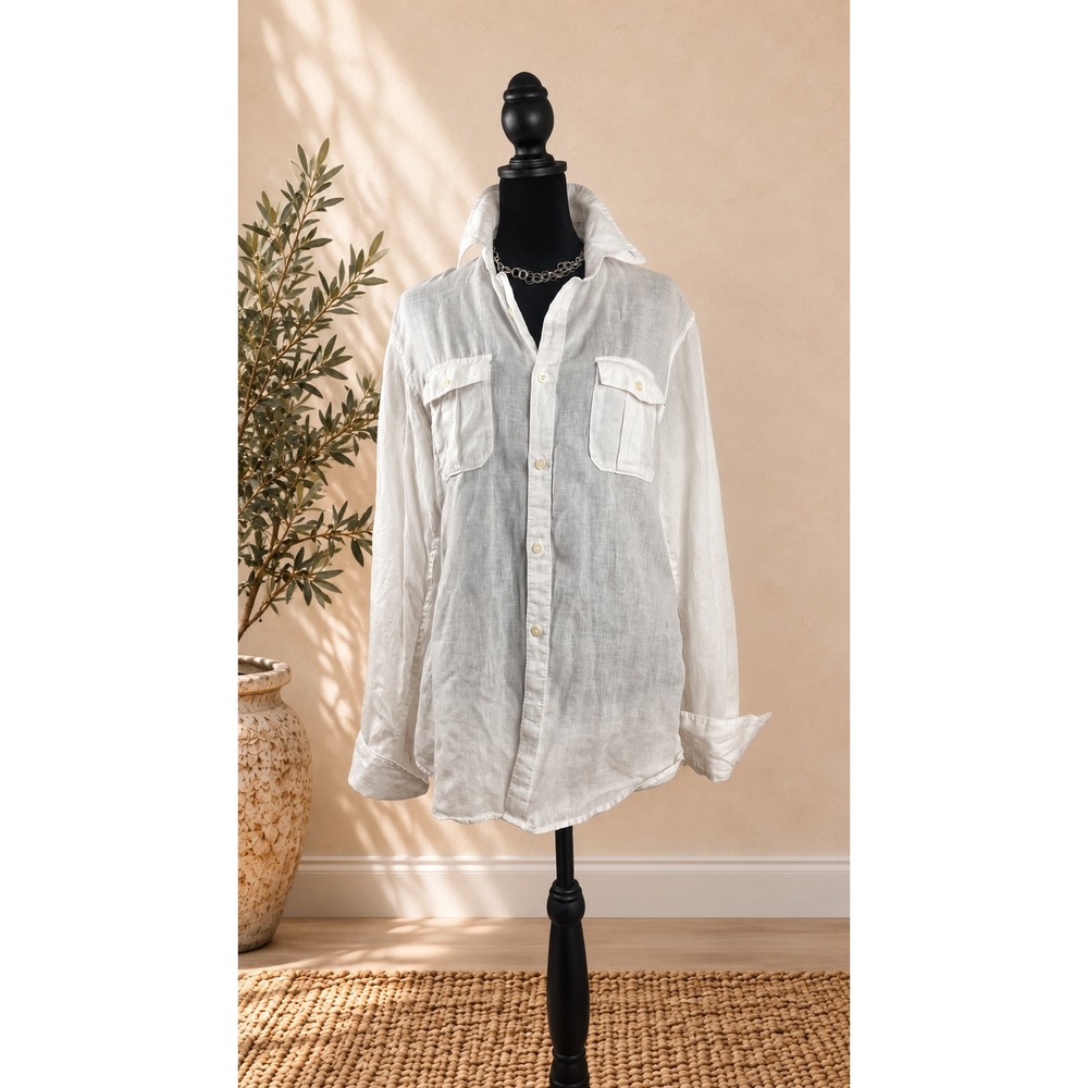Stile Benetton White Linen Button Down Shirt Long Sleeve Roll Tab Pockets